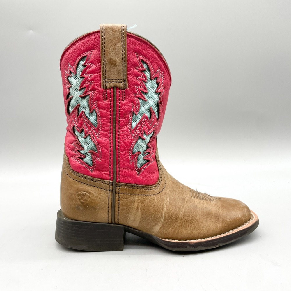 Ariat Kids 10 Western Cowgirl Boots Pink Teal Brown Leather Square Toe Rugged